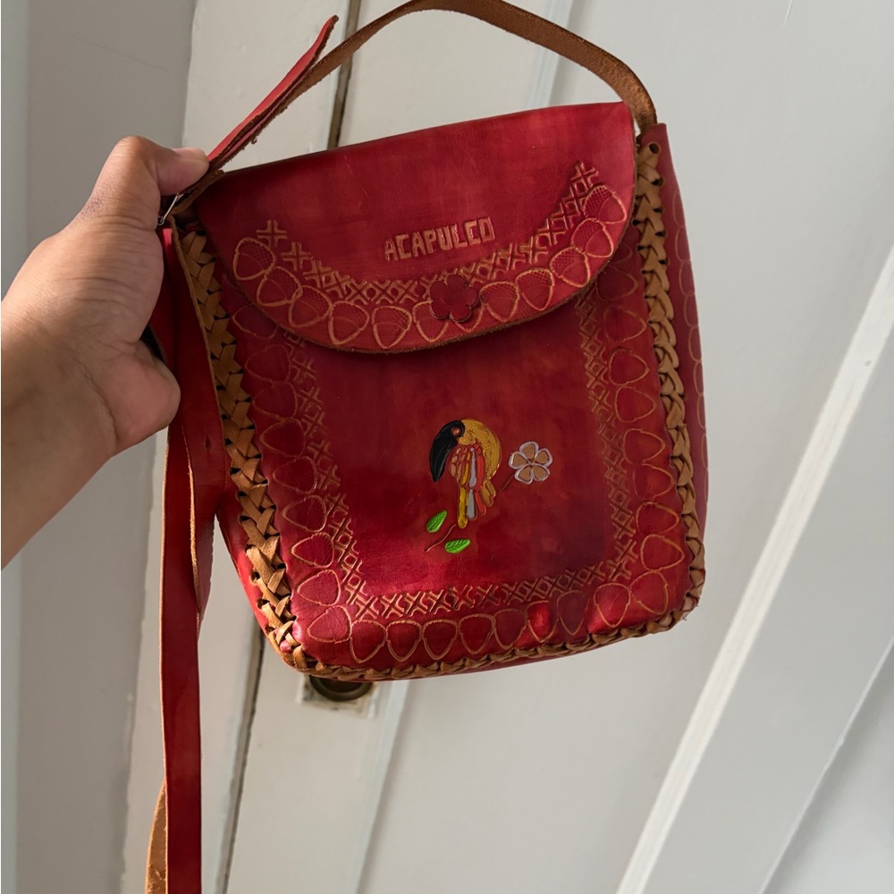 Red Hand-Painted Leather Crossbody Bag